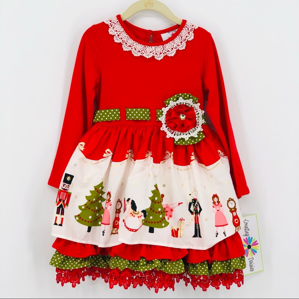 NWT Counting Daisies Nutcracker Print Holiday Christmas Ruffle Skirt Dress NEW - Picture 11 of 12